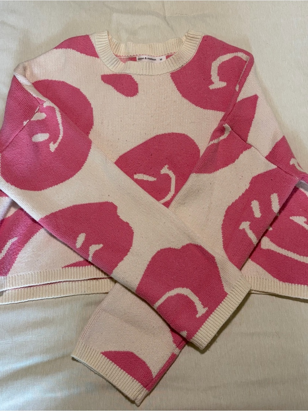 & Other Stories Pink and Cream Smiley-Pattern Crewneck Sweater